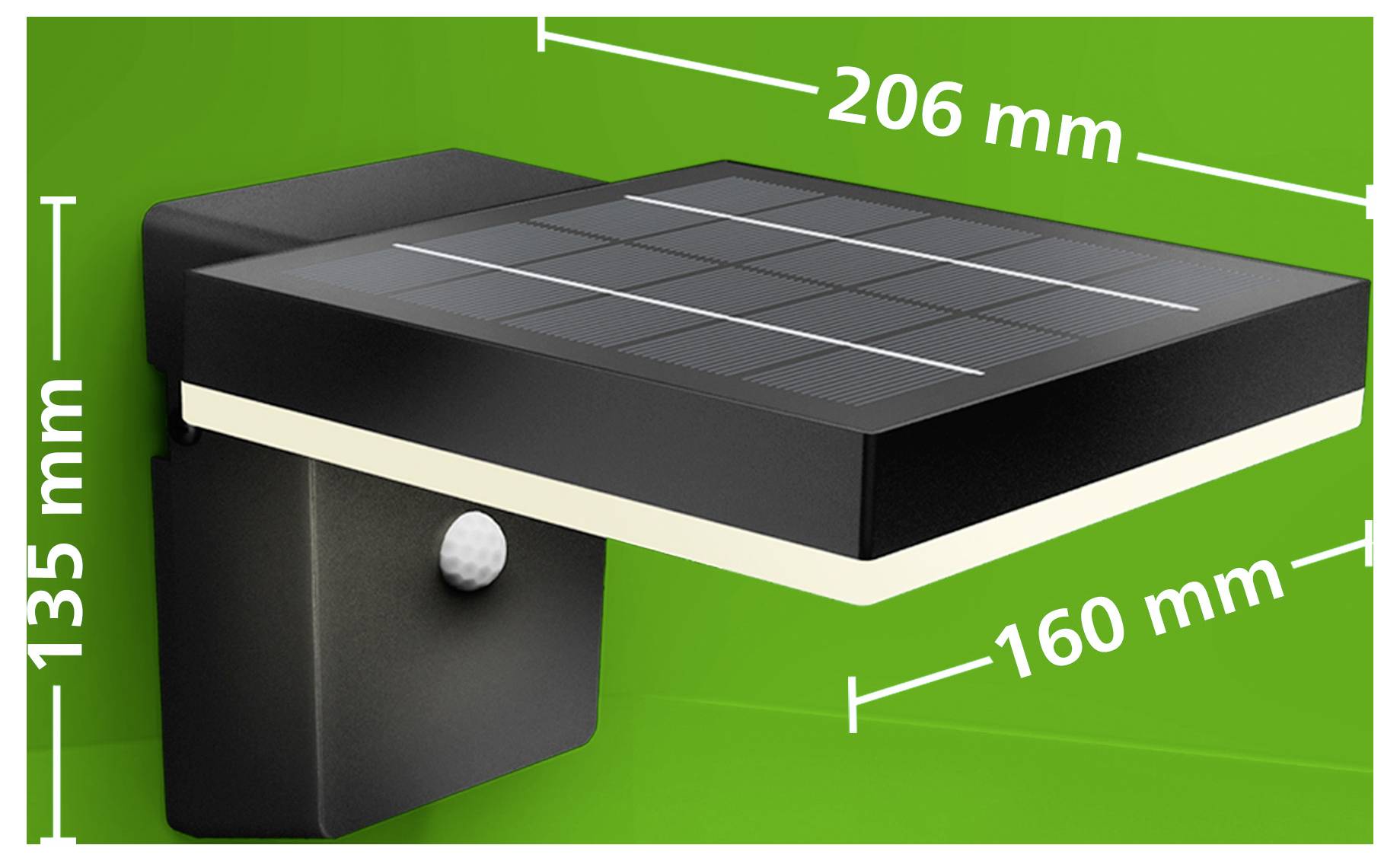 Schwarze, solar-betriebene Wandleuchte mit Bewegungsmelder, gezeigt mit Abmessungen von 206 mm Breite, 160 mm Tiefe und 135 mm Höhe.