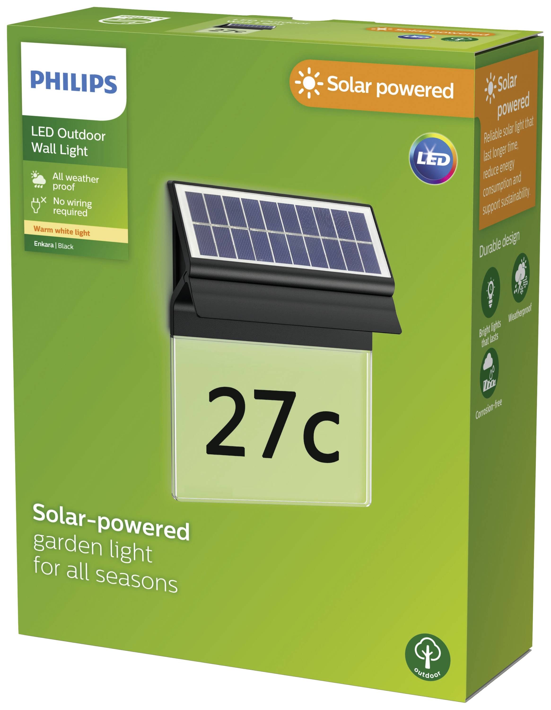 Solarbetriebene Garten-Wandleuchte von Philips, für alle Jahreszeiten. Mit Solarzelle und LED, keine Verkabelung nötig.