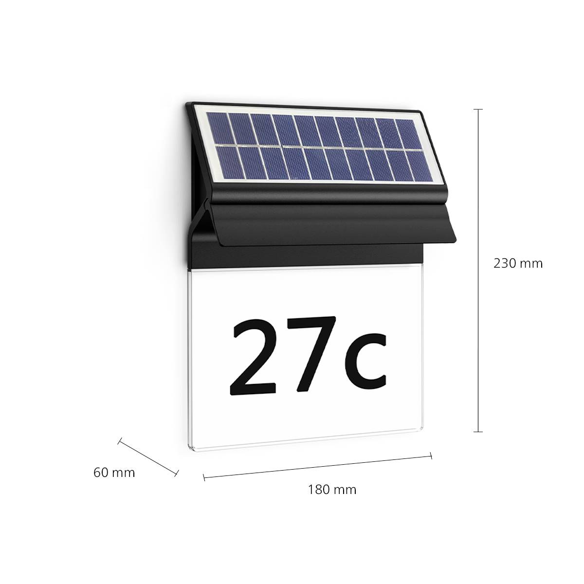 Solarlampen Hausnummer mit Beleuchtung. Abmessungen: 230 mm Höhe, 180 mm Breite, 60 mm Tiefe. Hausnummer '27c' in Schwarz auf Weiß.