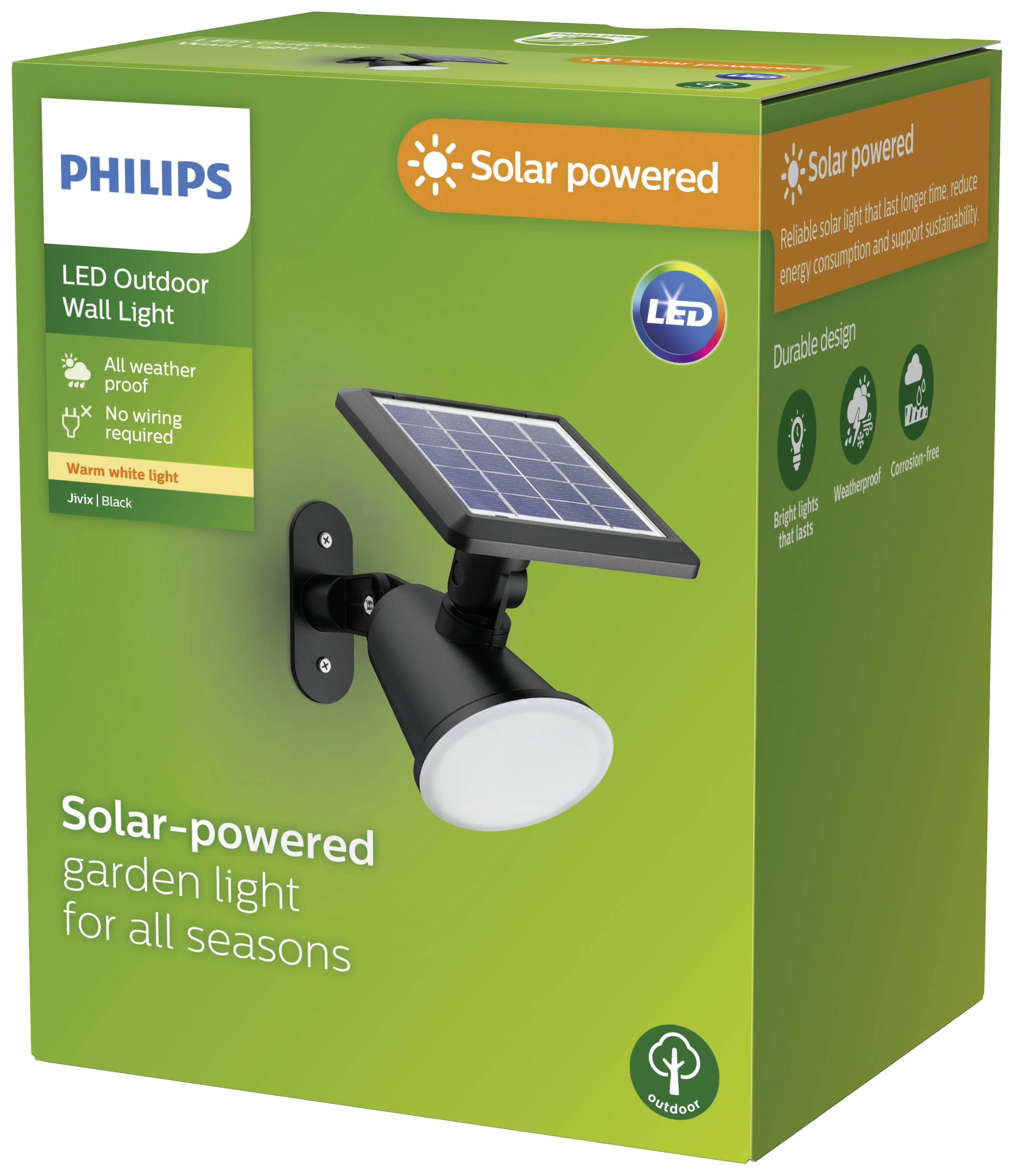 Philips LED-Gartenleuchte, solarbetrieben, wetterfest, keine Verkabelung nötig, warmweißes Licht, umweltfreundlich, für alle Jahreszeiten geeignet.