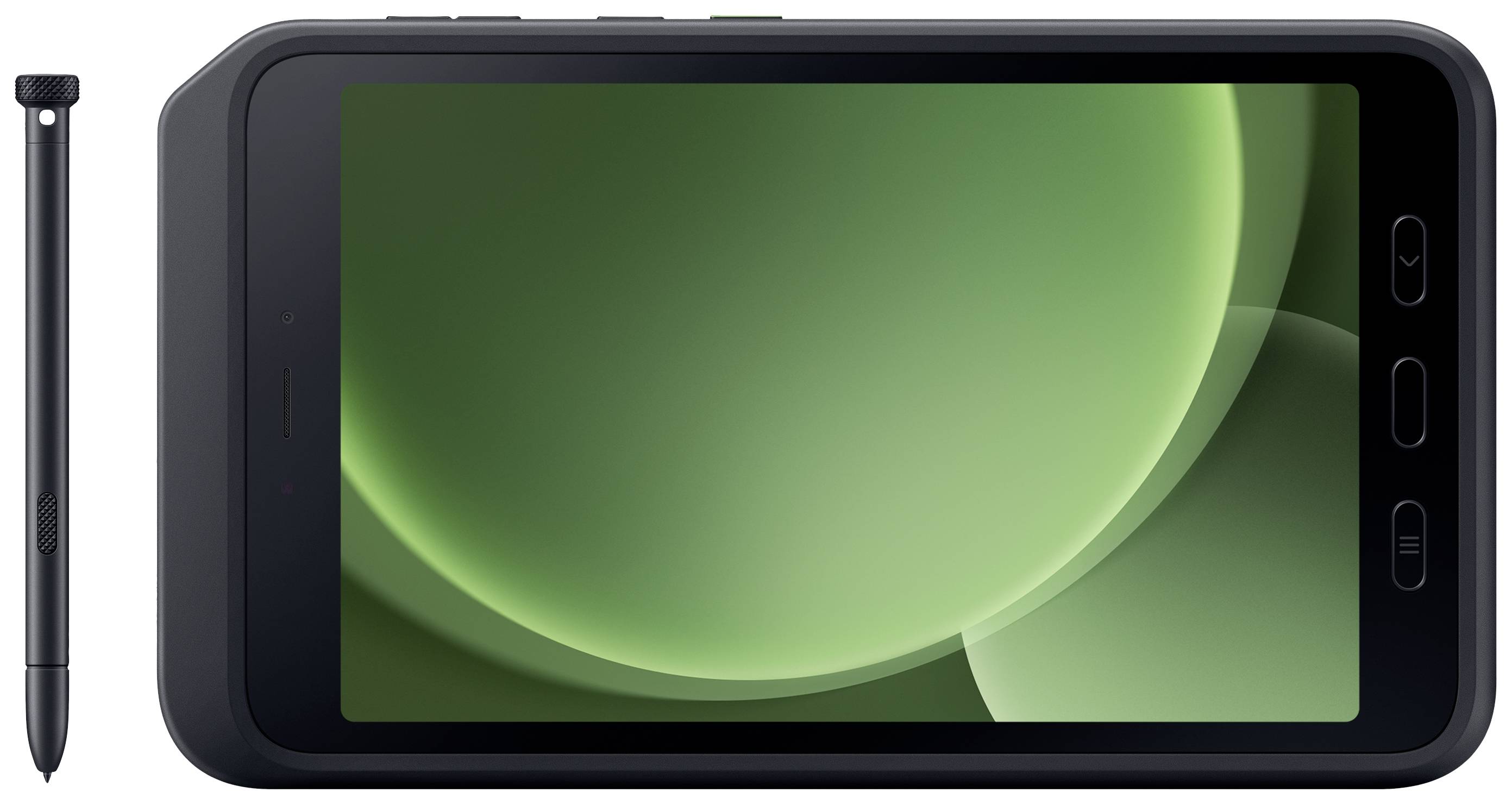 Tablet mit schwarzem Gehäuse und grünem Bildschirm, abgebildet zusammen mit einem Stift links daneben.