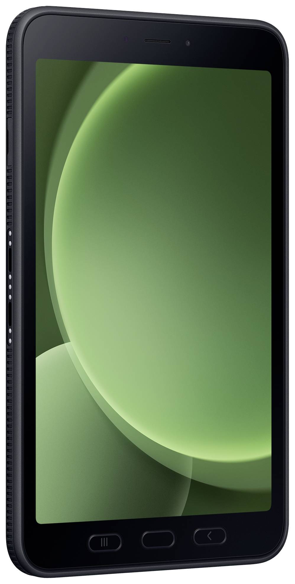 Smartphone mit einem dunkelgrünen Bildschirm, seitlicher Blickwinkel.