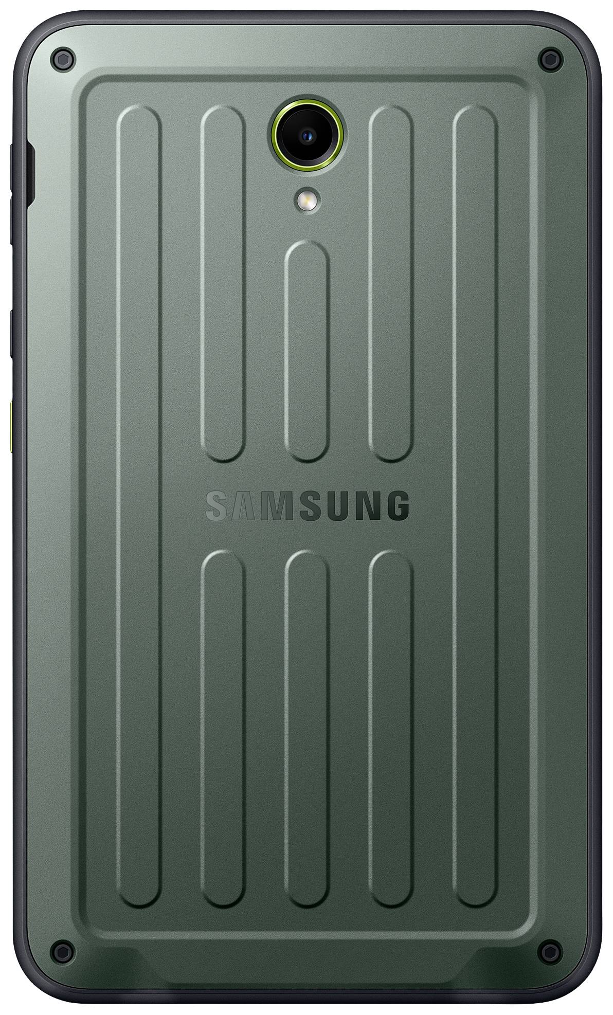 Ein robustes, grünes Smartphone von Samsung mit strukturiertem Rücken und einer Kamera.