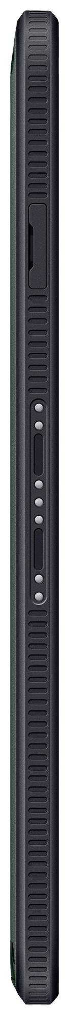 Schmale Seitenansicht eines schwarzen Smartphones mit sichtbaren Lautstärkewippen und Ein-/Aus-Taste.