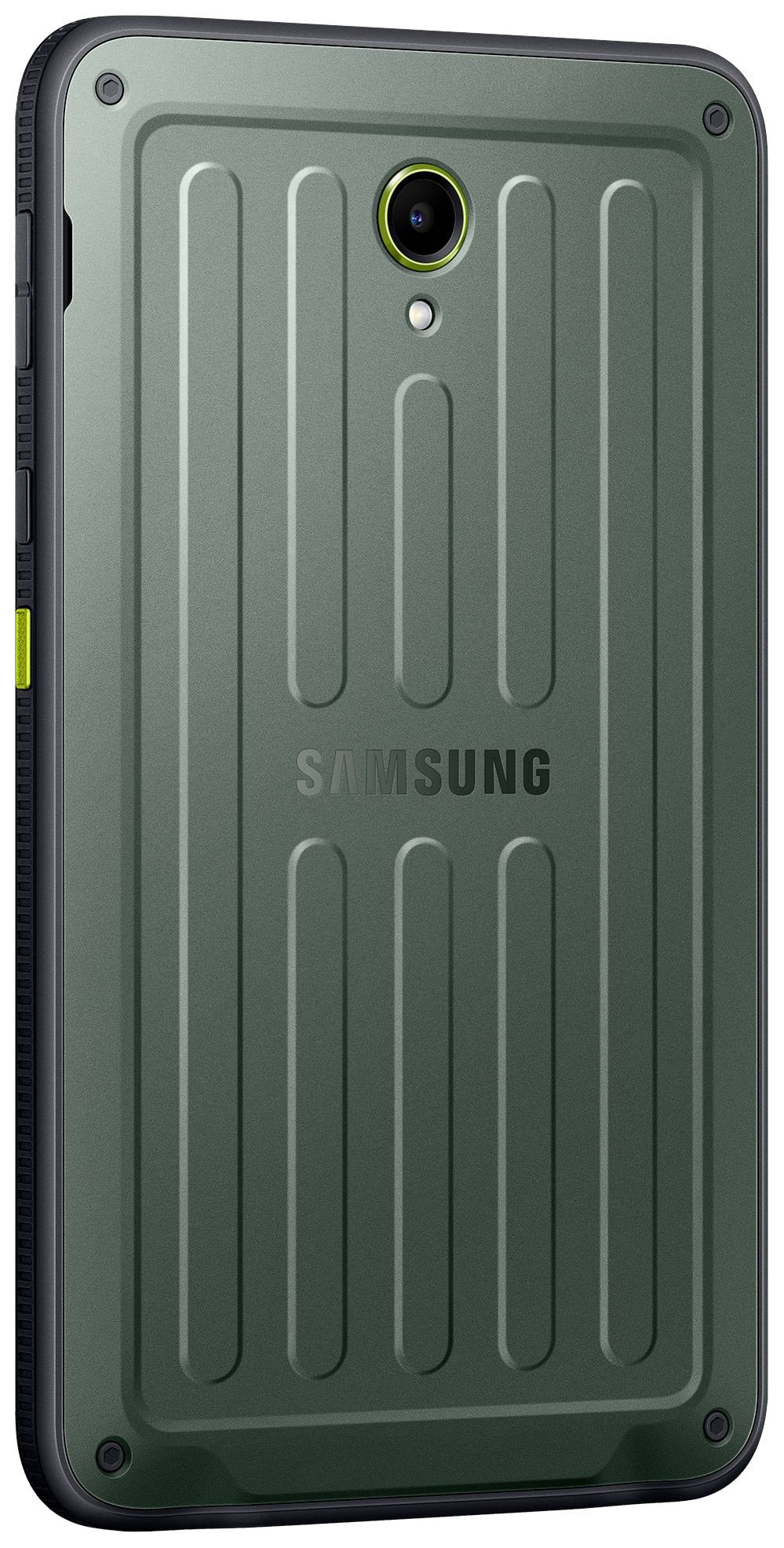 Ein robustes grünes Tablet von Samsung mit strukturiertem Rückdesign und abgerundeten Ecken, im Hochformat dargestellt.