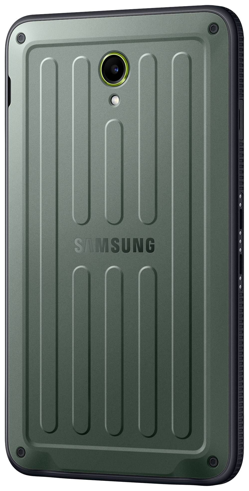 Ein robustes, grünes Smartphone mit einem strukturierten Gehäuse und einer zentral platzierten Kamera auf der Rückseite.