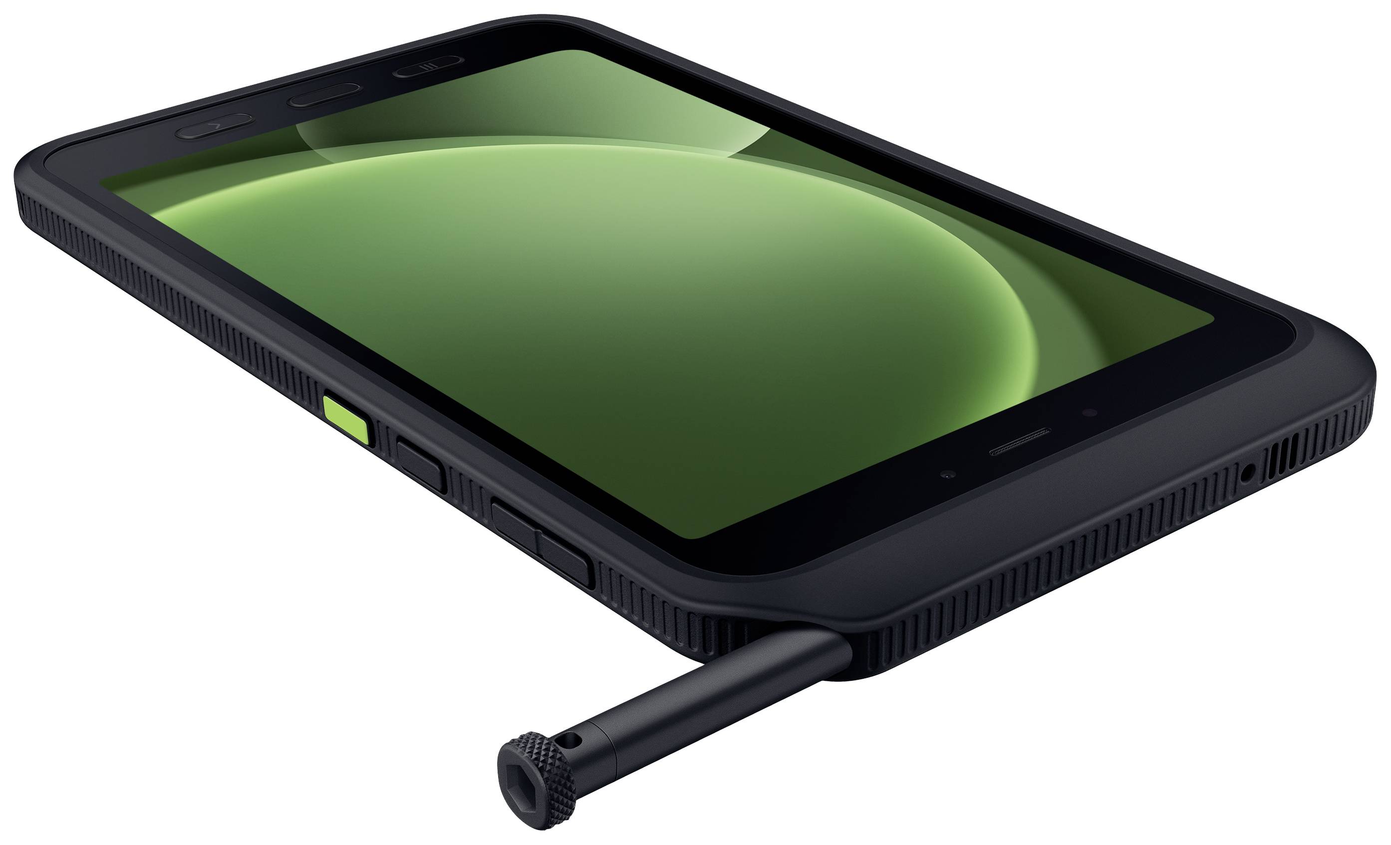Robustes Smartphone mit grünem Bildschirm und herausziehbarem Stift. Geeignet für Outdoor-Aktivitäten oder industrielle Anwendungen.