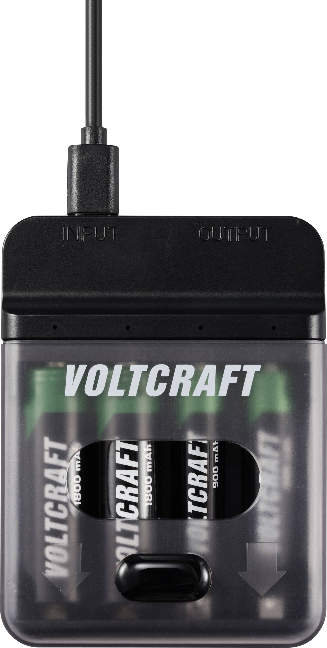 Ein Ladegerät mit vier eingelegten Batterien, an ein Kabel angeschlossen. Markenname 'VOLTCRAFT' auf der Vorderseite sichtbar.