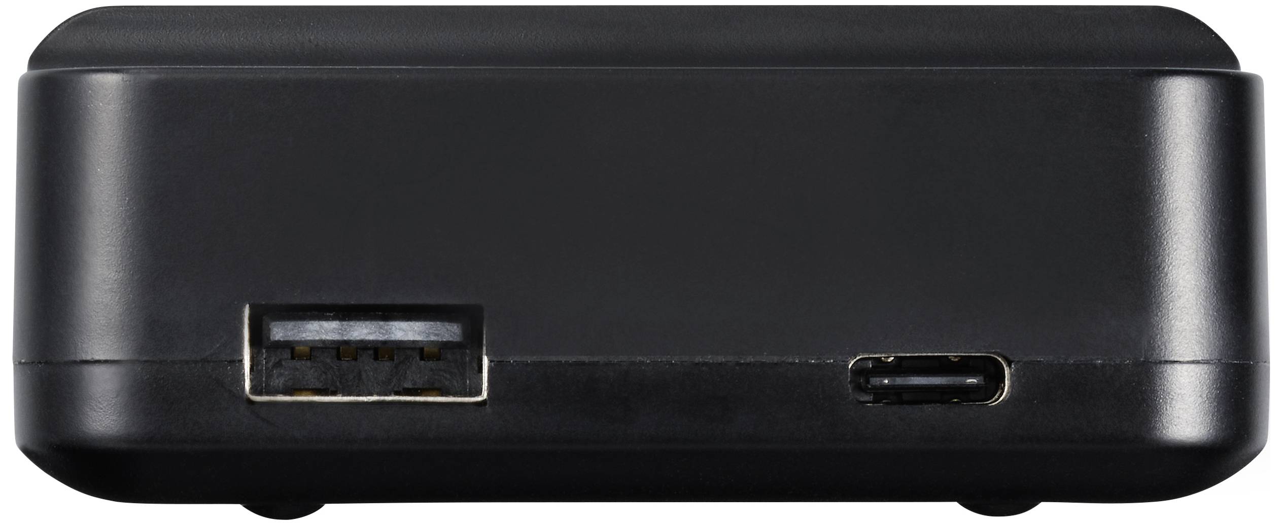 Ein schwarzes elektronisches Gerät mit zwei Anschlüssen an der Seite: ein USB-Anschluss und ein kleinerer Anschluss, möglicherweise USB-C.