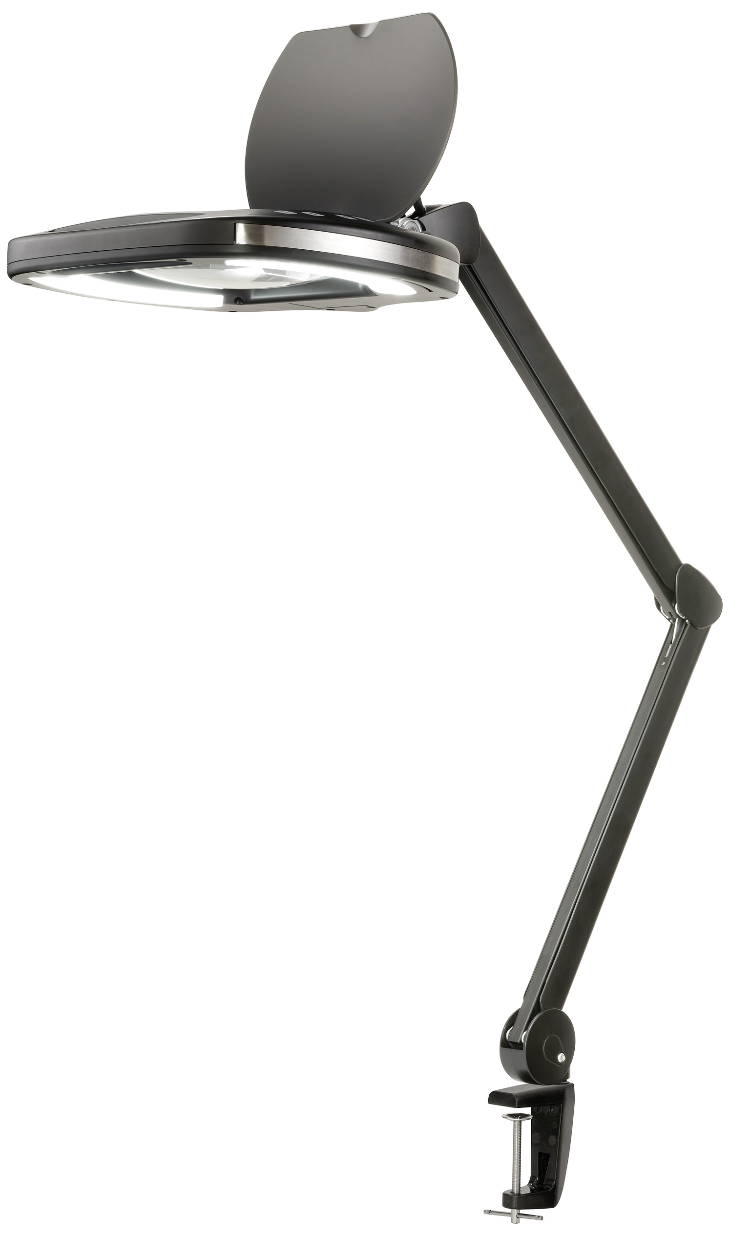 Eine schwarze Tischlampe mit verstellbarem Arm und Lupenaufsatz, der an einer Tischkante befestigt ist. Ideal für präzise Arbeiten.