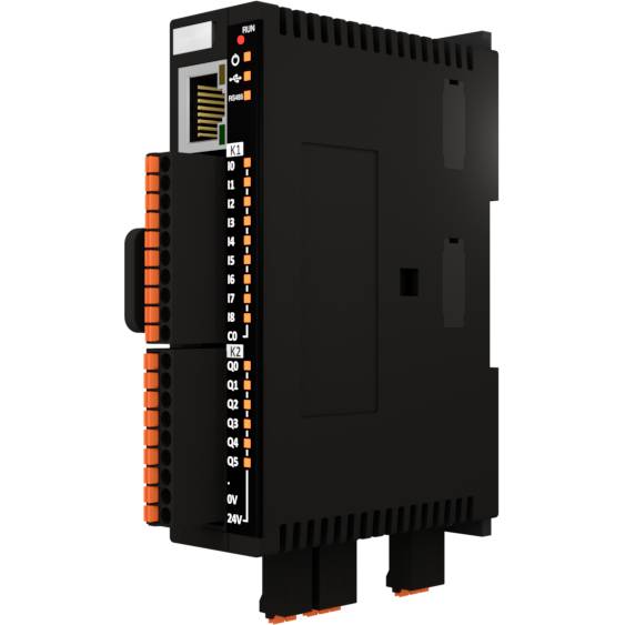 Schwarzer Industrie-Controller mit orangefarbenen Anschlussklemmen und Ethernet-Port, seitliche Ansicht. Er zeigt Ein- und Ausgabekanäle.