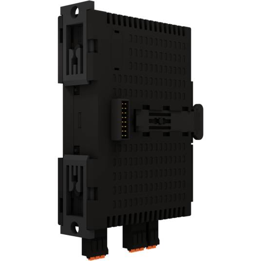 Ein schwarzes, rechteckiges elektronisches Modul mit mehreren Steckverbindungen auf beiden Seiten.