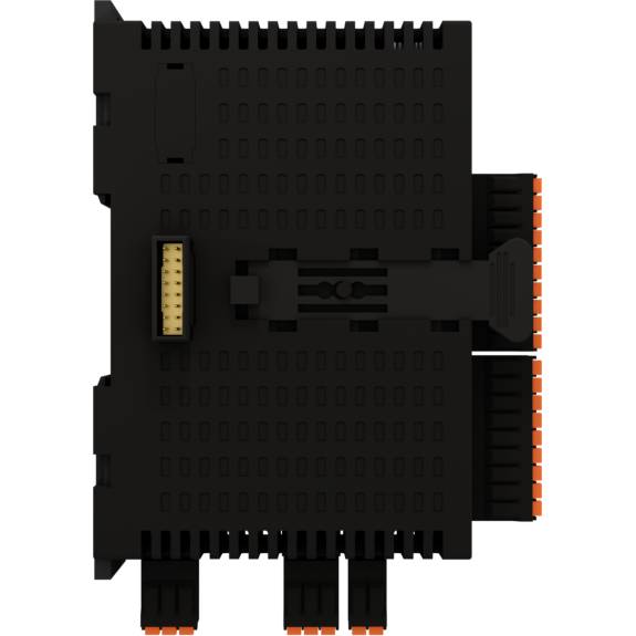 Ein schwarzes elektronisches Bauteil mit mehreren orangefarbenen Anschlüssen, wahrscheinlich eine Verbindungseinheit oder ein Modul.