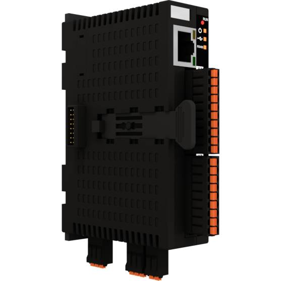 Ein schwarzes, rechteckiges elektronisches Gerät mit Ethernet-Anschluss und orangefarbenen Steckverbindungen, verwendet für industrielle Anwendungen.