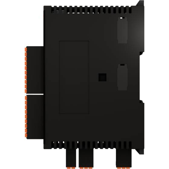 Ein rechteckiges, schwarzes elektronisches Modul mit orangefarbenen Anschlüssen an der Seite, vermutlich Teil eines industriellen Steuerungssystems.