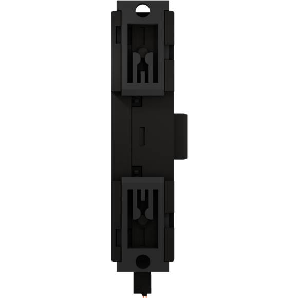 Schwarzes elektrisches Verbindungselement mit symmetrischem Design und Befestigungspunkten an beiden Enden, vertikale Ansicht.