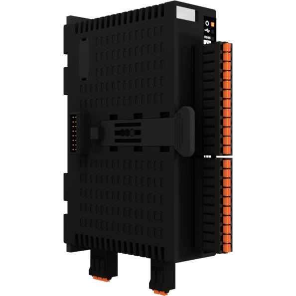 Schwarzes elektronisches Gerät mit orangefarbenen Anschlüssen und Befestigungsschiene, vermutlich ein modularer Steuereinheit.