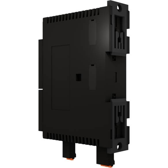 Ein schwarzes elektronisches Gerät in rechteckiger Form mit seitlichen Schlitzen und Montagehalterungen auf beiden Enden.