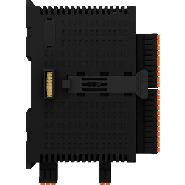 Ein schwarzes elektronisches Modul mit orangefarbenen Anschlüssen, das zur Integration in industrielle Steuerungssysteme verwendet wird.