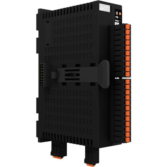 Industriegerät in schwarz mit orangefarbenen Anschlüssen, geeignet für DIN-Schienenmontage.