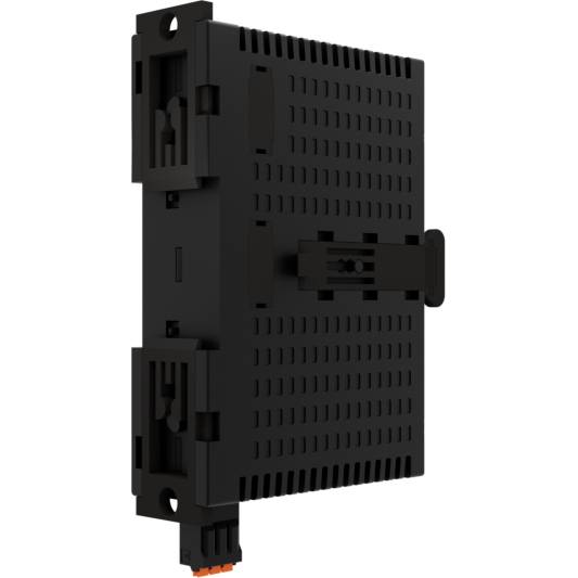 Ein schwarzes, rechteckiges elektronisches Gerät mit Lüftungsschlitzen und Befestigungsschiene, möglicherweise ein Modul für industrielle Anwendungen.