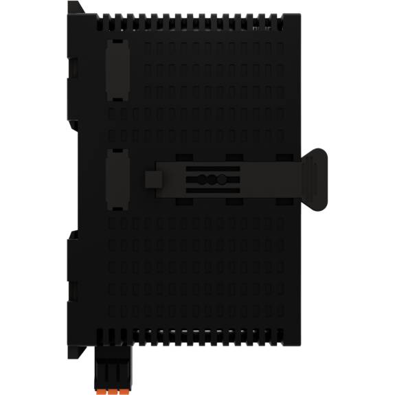 Schwarzes rechteckiges elektronisches Gerät, wahrscheinlich ein Modul oder eine Komponente, mit mehreren Steckplätzen und Anschlüssen.