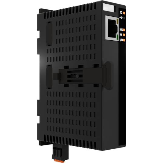 Industriegerät in Schwarz mit Ethernet- und Netzwerkanschlüssen, LED-Anzeigen rechts. Geeignet für technologische Anwendungen.