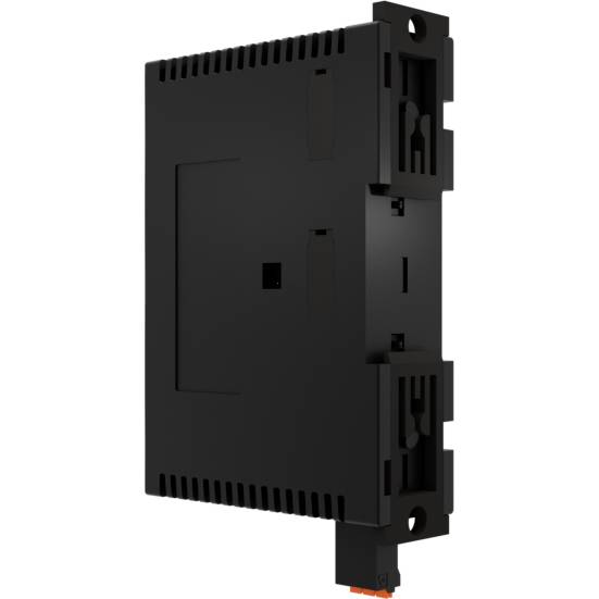 Schwarzes, rechteckiges elektronisches Bauteil mit Lüftungsschlitzen und Anschlüssen an der Unterseite, zur Montage in einem Gehäuse geeignet.