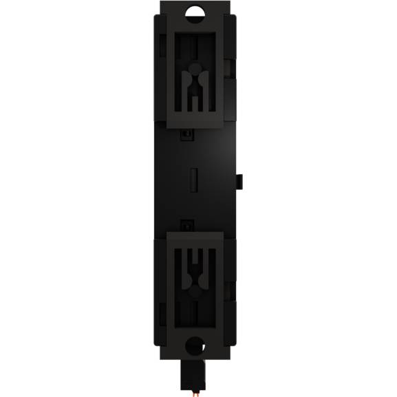 Ein schwarzes, längliches elektrisches Bauelement mit mehreren Steckverbindungen, möglicherweise ein Modul für ein Schaltsystem.