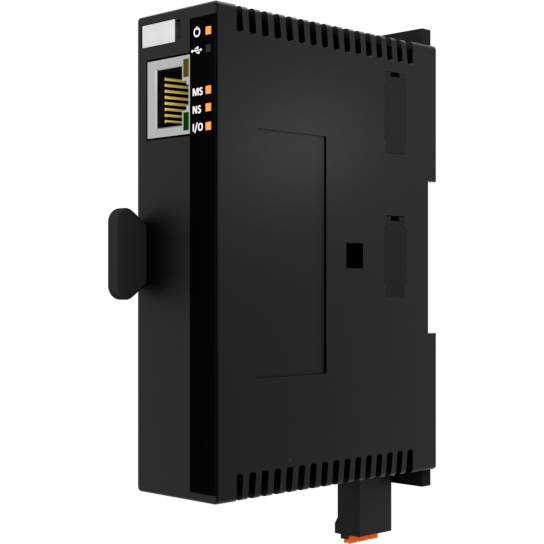 Ein schwarzes, rechteckiges elektronisches Gerät mit Ethernet-Anschluss, möglicherweise für industrielle oder netzwerkbasierte Anwendungen.