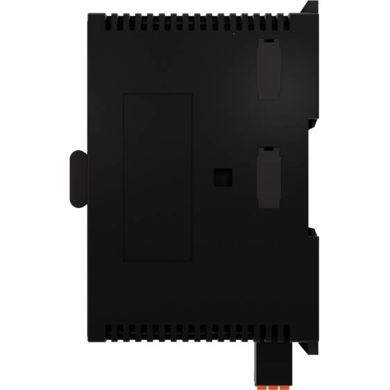 Eine schwarze elektronische Komponente in rechteckiger Form mit mehreren Lüftungsschlitzen und Steckplätzen auf einer der Seiten.