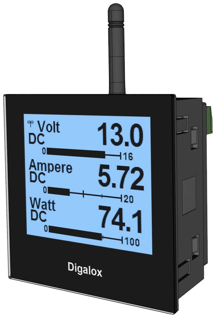 Digitalanzeige mit blauen Hintergrund zeigt Werte: 13,0 Volt, 5,72 Ampere, 74,1 Watt. Markenname 'Digalox' unten sichtbar.
