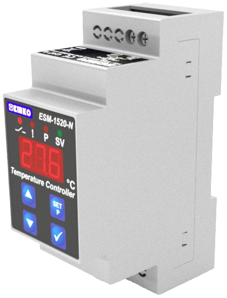 Grauer Temperaturregler mit digitaler Anzeige. Zeigt aktuelle und gewünschte Temperatur. Tasten zur Einstellung der Parameter.