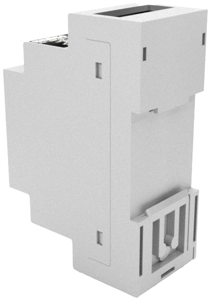 Grau-weißer elektrischer DIN-Schienenadapter in vertikaler Ausrichtung. Wird zur Montage von Geräten in Schalttafeln verwendet.