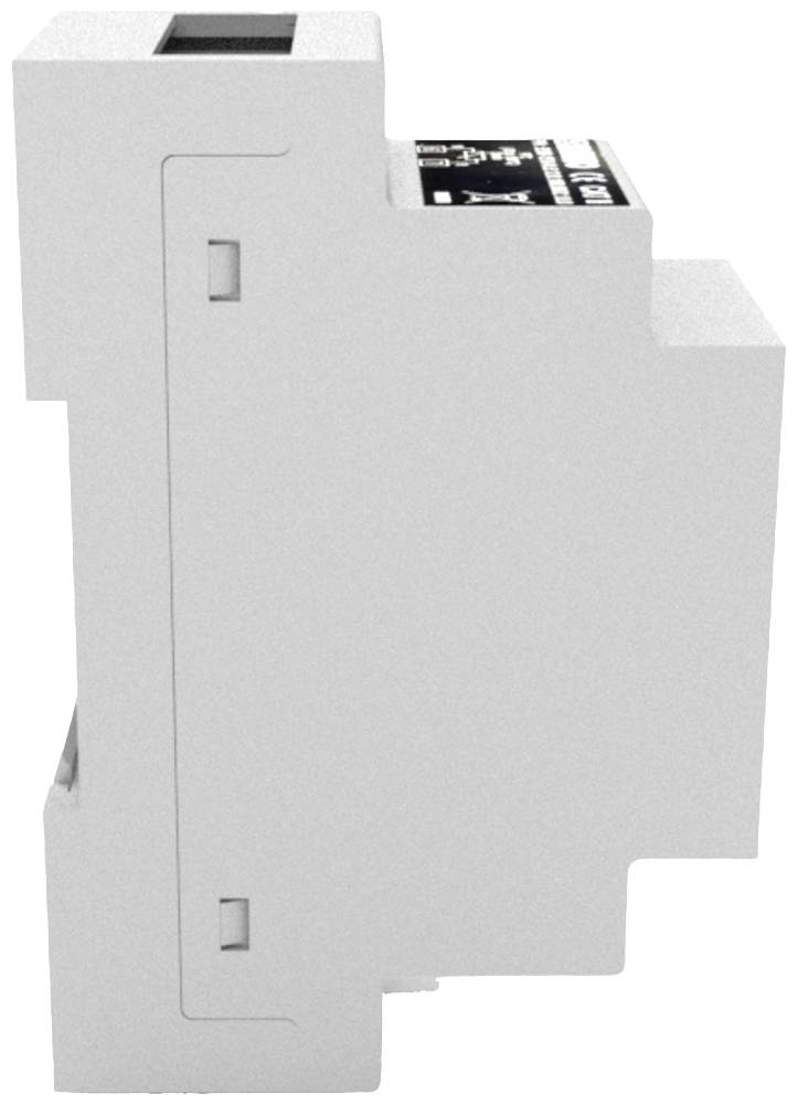 Ein seitlicher Blick auf ein kompaktes, rechteckiges elektronisches Gerät mit Anschlüssen und Bedienelementen oben sichtbar.