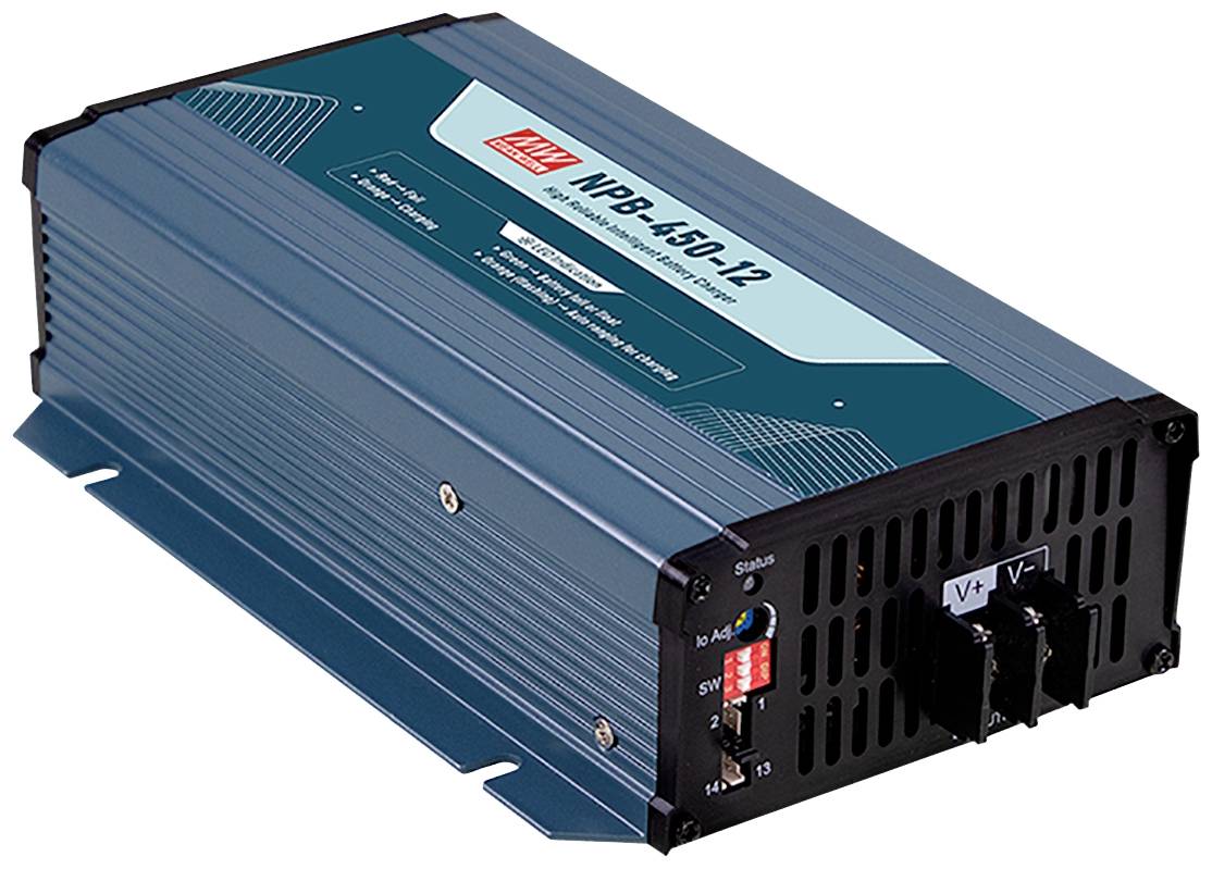 'Netzteil NPB-450-12' mit blauer Metallhülle, Lüftungsschlitzen und Anschlüssen. Spannungsregler und Schalter sind sichtbar.
