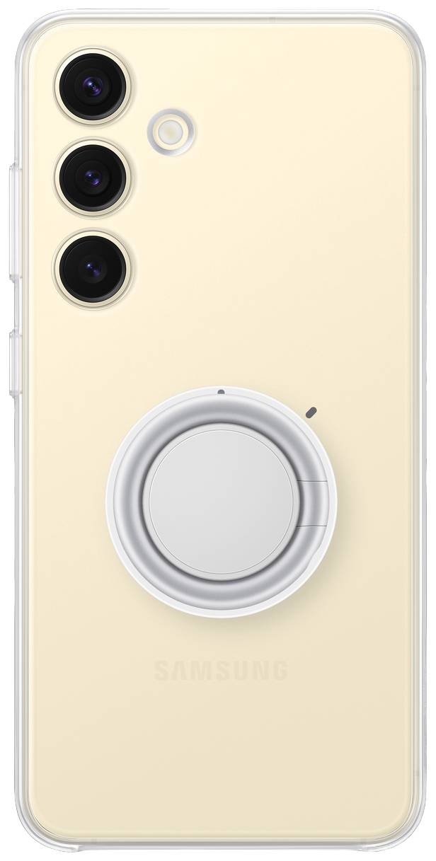 Smartphone-Rückseite in Beige mit drei Kameralinsen und einem runden, zentralen Griff für besseren Halt.