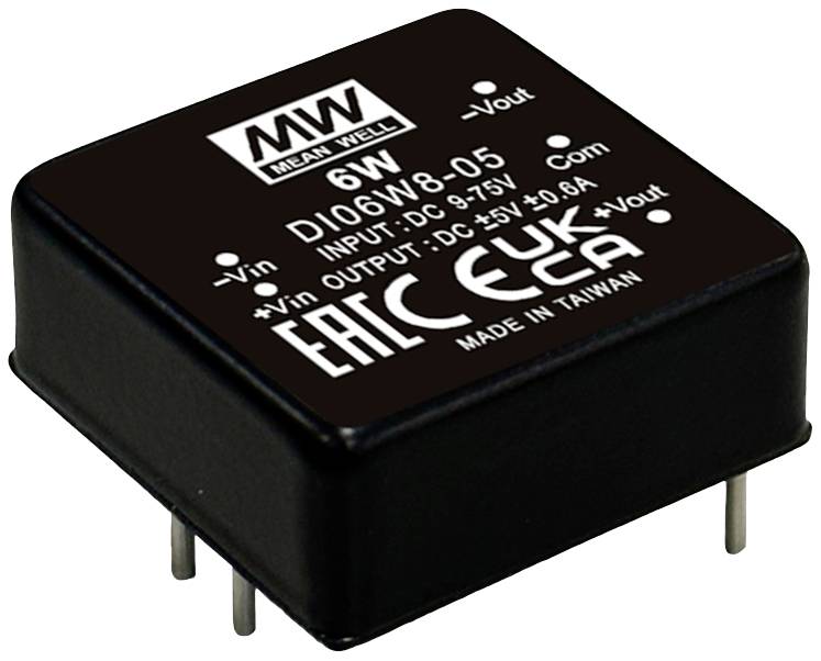 Schwarzer Gleichspannungswandler 'Mean Well' mit 6W Leistung, modell DI06W8-05, Eingang DC 9-75V, Ausgang DC 0-75V, hergestellt in Taiwan.