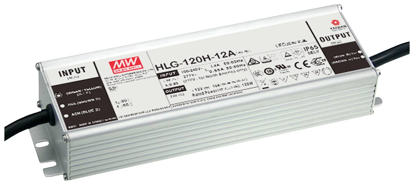 LED-Treiber von Mean Well, Modell HLG-120H-12A, für Beleuchtungsanwendungen, zeigt technische Spezifikationen und Anschlüsse.