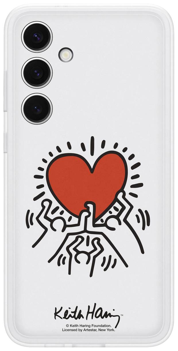 Rückseite eines transparenten Handyhülle mit einer Keith Haring Zeichnung: drei tanzende Figuren, die ein großes rotes Herz hochhalten.
