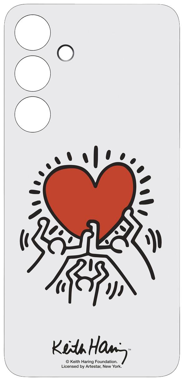 Ein rotes Herz wird von stilisierten Figuren hochgehalten. Darunter steht 'Keith Haring'.