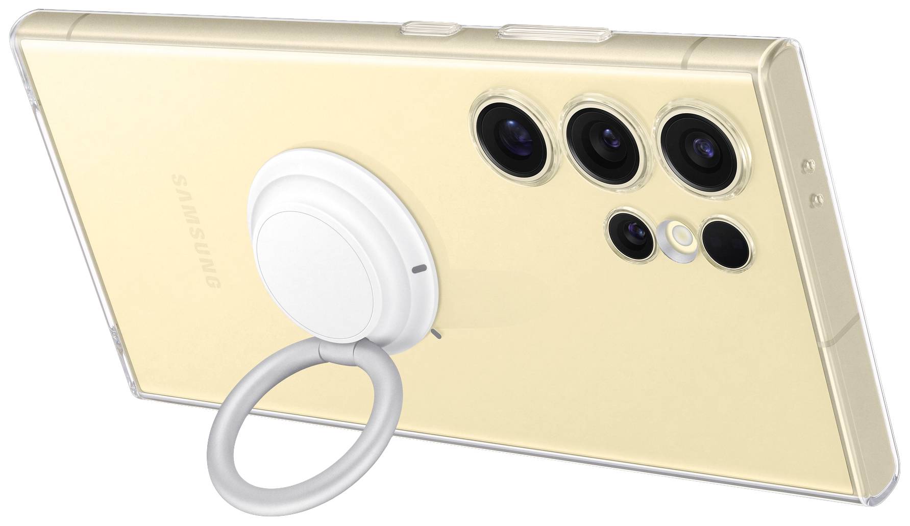 Ein goldenes Smartphone mit drei Kameralinsen und einem vierten Sensor auf der Rückseite. Ein weißer, runder Handygriff ist angebracht.