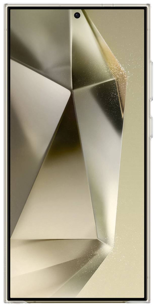 Ein Smartphone mit einem Display, das ein abstraktes geometrisches Muster in Gold- und Bronzetönen zeigt.