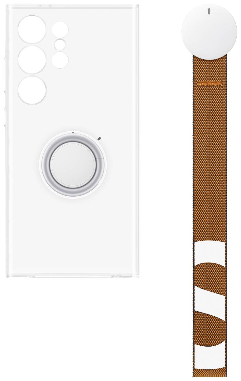 Eine rechteckige Smartphone-Hülle mit Kreis-Ausschnitten auf der linken Seite. Neben der Hülle ein orangefarbenes, texturiertes Band mit weißen Mustern.