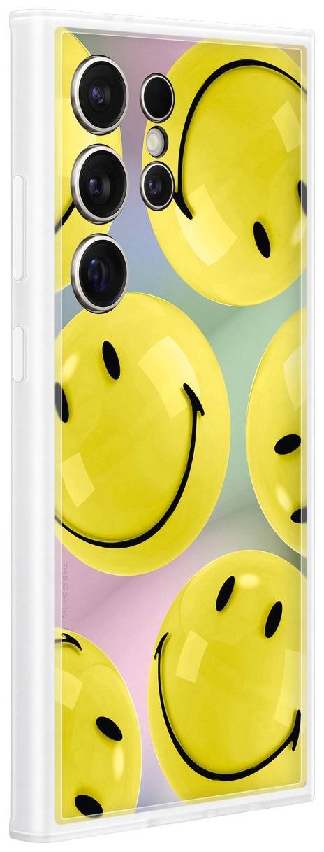 Eine Handyhülle mit gelben Smiley-Gesichtern auf farbigem Hintergrund. Fröhliches Design, das positive Stimmung vermittelt.