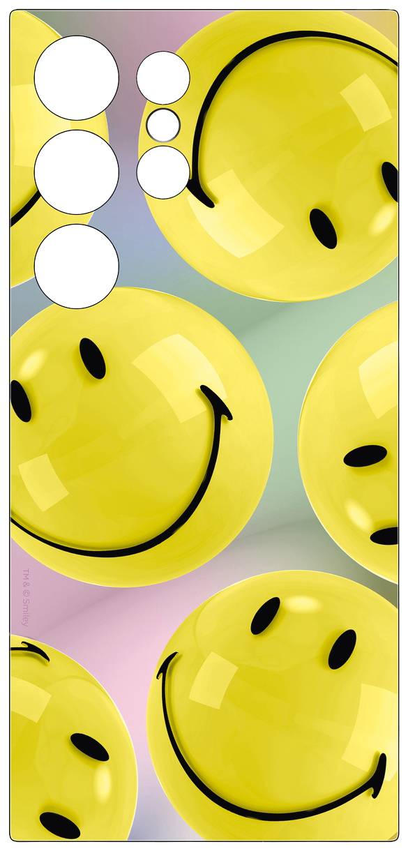 Gelbe Smiley-Gesichter auf einem bunten Hintergrund verteilt. Fröhliches Design, das positive Emotionen darstellt.