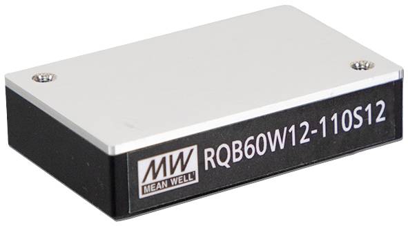 Gleichspannungswandler mit der Aufschrift 'MW MEAN WELL RQB60W12-110S12', rechteckiges silber-schwarzes Gehäuse, zwei Schrauben oben.