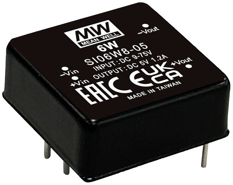 Mean Well Konverter, 6W, Modell SI06W8-05. Eingang: DC 9-75V, Ausgang: DC 5V 1.24A, Hergestellt in Taiwan.