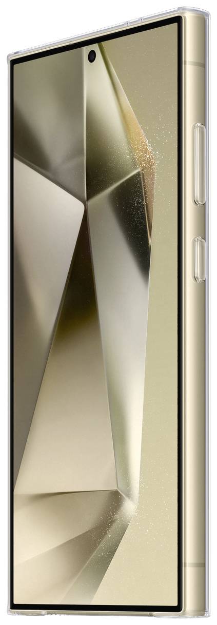 Goldenes Smartphone von der Seite mit schwarzem Rahmen. Rückseite zeigt geometrisches Muster in metallischem Look. Zwei Tasten an der Seite.