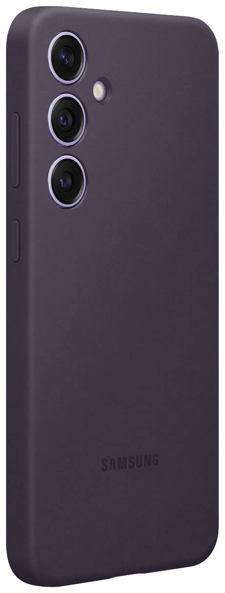 Smartphone-Rückseite in dunkelviolett mit Samsung-Logo und drei Kameralinsen.